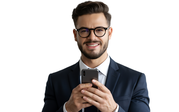Professional man using phone in suit portrait for business and marketing use on transparent background
