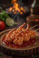 sizzling, grilled shrimps with spice red sambal sauce placed on a rustic wooden platter