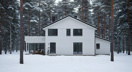 Naklejka premium Modern Scandinavian House in Winter Forest, Snow Covered Exterior