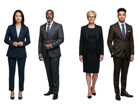 Diverse group of four professional business people standing together in formal attire isolated on transparent background