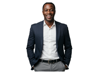 Smiling young african american businessman in a suit and white shirt with hands in pockets isolated on transparent background