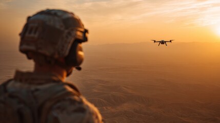 A soldier equipped with advanced tactical gear stands ready as a drone hovers nearby amid a dusty landscape, capturing crucial scouting information during a military operation.