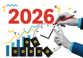 Oil barrels and clock with 2026 year and financial graph isolated on white background