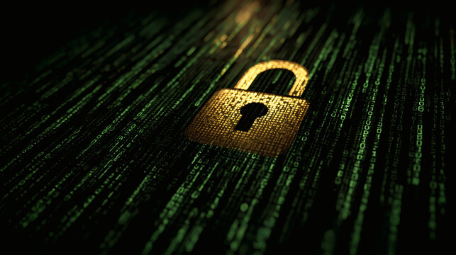 A computer screen background is filled with green matrix code, and a large golden padlock icon sits in the exact center, suggesting a cyber secure matrix look. - Powered by Adobe