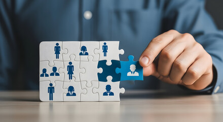 Man Completing Team Puzzle at a Table for HR and Recruitment Needs, Concept Image