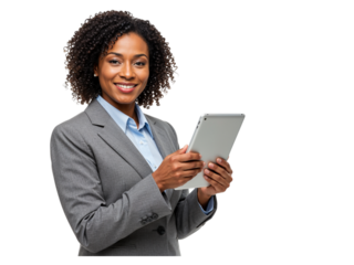 Smiling confident businesswoman holding and using a tablet computer isolated on transparent background