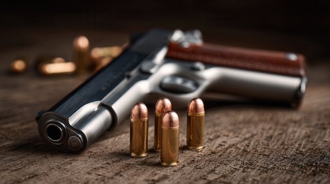 9mm pistol bullets and handgun.