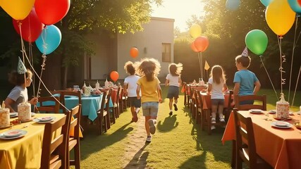 Kids running to birthday party with balloons and cake outdoors on a sunny day, celebrating together