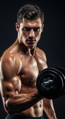 Muscular Man Exercising with Dumbbell and Building Biceps Strength