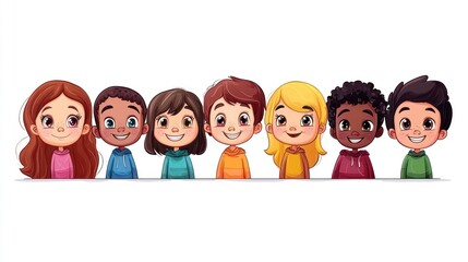 Group of cartoon children of diverse ethnicities smiling together on white background