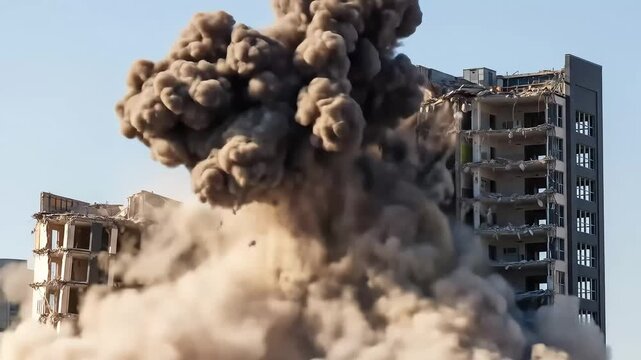 A building is demolished in a controlled explosion, sending a massive cloud of dust and debris into the air.