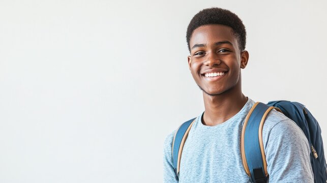 Happy student ready for first day of school with smile on white background