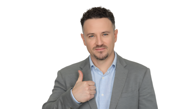 Man in suit giving thumbs up gesture business professional portrait confident on transparent background