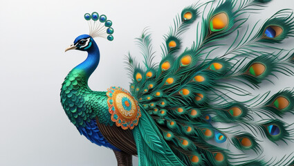 Fototapeta premium A vibrant peacock with iridescent feathers and ornate headpiece standing gracefully on display against white created with generated ai