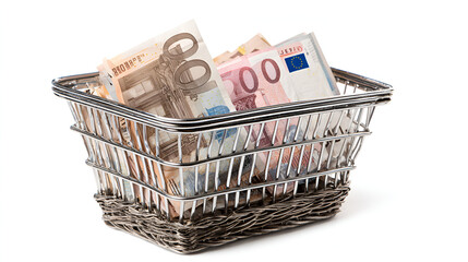 Euro banknotes in shopping basket money savings finance