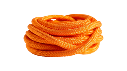 A coil of bright orange braided rope for climbing and safety, isolated on white