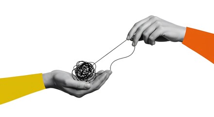 Hands untangling a complex idea isolated on white background