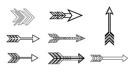"A versatile set of arrow illustrations featuring various styles like double-headed, dashed, spiral, and tribal designs for creative projects."


