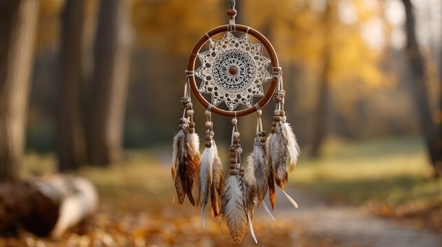 Decorative dreamcatcher with intricate lace web and feathers hanging in a forest during autumn, showcasing cinematic lighting, warm colors, and an outdoor natural setting