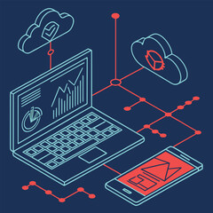 Fototapeta premium Cloud computing and online shopping concepts depicted with a laptop, digital network, and business success charts