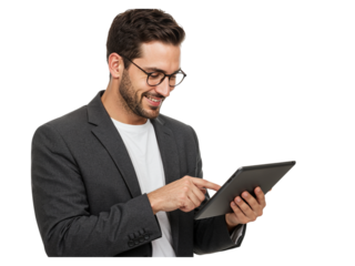 Smiling businessman in glasses and suit jacket using a tablet computer isolated on transparent background
