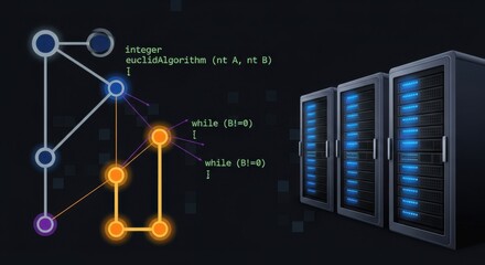 Illustration of a network of connected nodes with server racks showcasing algorithm and data processing