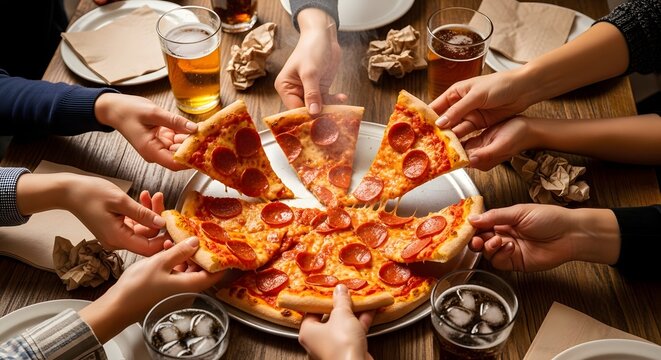 Top View: Hands Sharing Pepperoni Pizza and Drinks