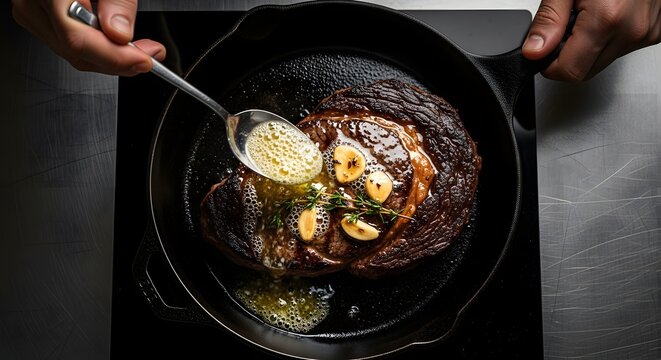 Basting Steak with Butter and Garlic in Cast Iron Pan