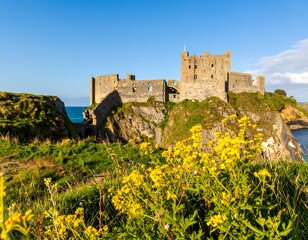 Coastal castle ruins with vibrant yellow flowers
