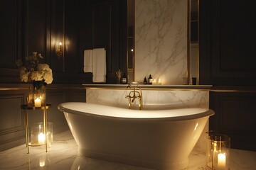 An exquisite bathroom with a standalone bathtub, marble vanity surfaces,  created by ai