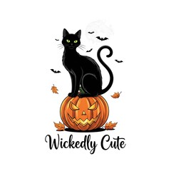 Wickedly cute black cat on jack o lantern halloween t shirt