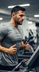 Man running on treadmill in gym during intense cardio workout