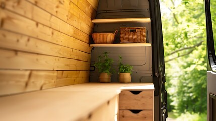 Cozy van interior with wooden shelving and storage