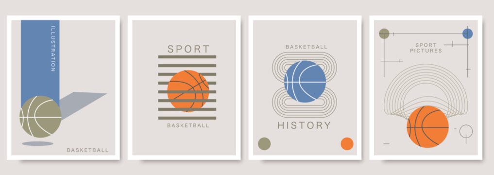 A collection of four minimalist basketball designs inspired by the Bauhaus poster style. A modern sports art set for decoration.