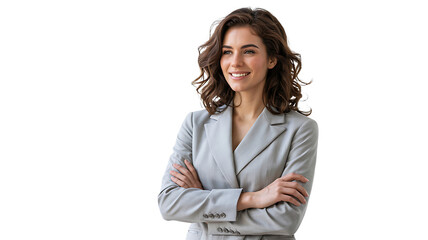 Professional woman portrait in gray suit business attire headshot confident look on transparent background