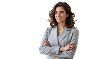 Professional woman portrait in gray suit business attire headshot confident look on transparent background