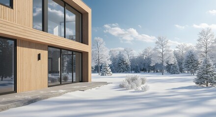 Modern Wooden Cabin in Winter Landscape
