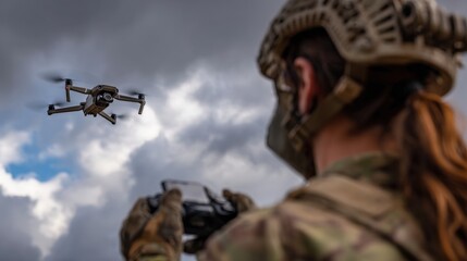 Fototapeta premium A soldier in tactical gear controls a drone using a remote, focused on the device's movements. Clouds loom above the open field, creating a dramatic atmosphere for the training