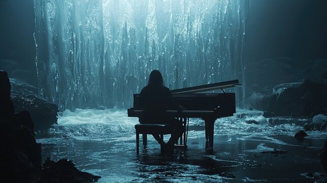A person plays a piano in a waterfall cavern.