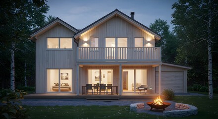 Fototapeta premium Modern Wooden House at Dusk with Fire Pit