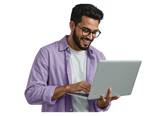 Young indian man wearing glasses and a purple shirt smiling while working on a laptop computer isolated on transparent background