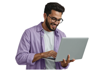 Young indian man wearing glasses and a purple shirt smiling while working on a laptop computer isolated on transparent background