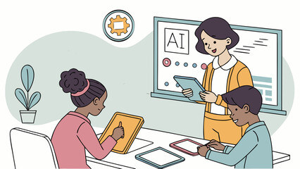 Illustration of ai education in classroom with teacher and students learning technology and artificial intelligence