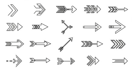 "A versatile set of arrow illustrations featuring various styles like double-headed, dashed, spiral, and tribal designs for creative projects."

