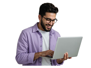 Smiling young man with beard and glasses working on a laptop computer isolated on transparent background