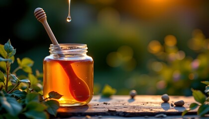Rustic Honey Jar with Floating Droplets Sunset