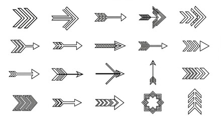 "A versatile set of arrow illustrations featuring various styles like double-headed, dashed, spiral, and tribal designs for creative projects."

