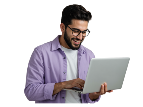 Smiling young man with beard and glasses working on a laptop computer isolated on transparent background