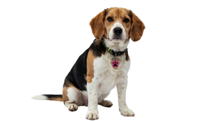 Portrait of a cute beagle puppy sitting with a pink paw print dog tag collar on transparent background