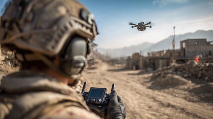 A soldier in tactical gear controls a drone using a remote, focused on the device's movements. Clouds loom above the open field, creating a dramatic atmosphere for the training